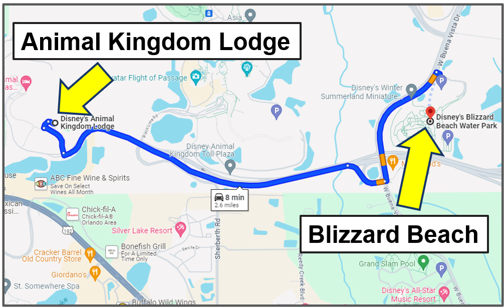 drive yourself from animal kingdom lodge to blizzard beach