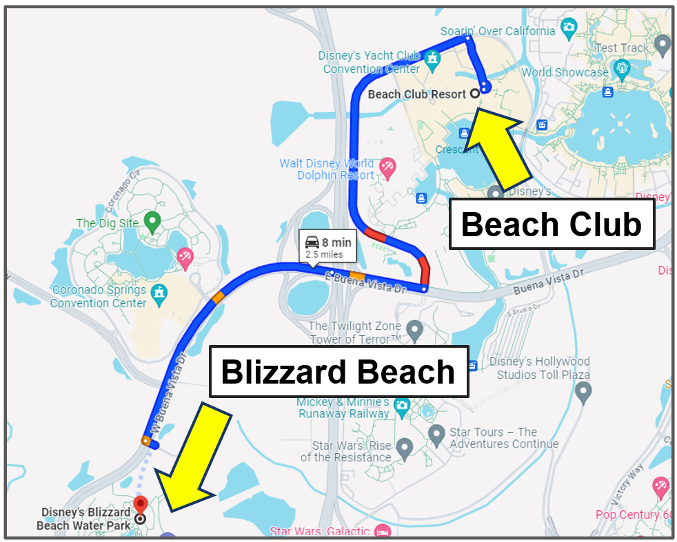 driving from beach club to blizzard beach