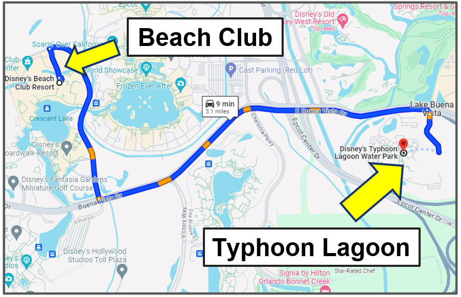 drive yourself - beach club to typhoon lagoon