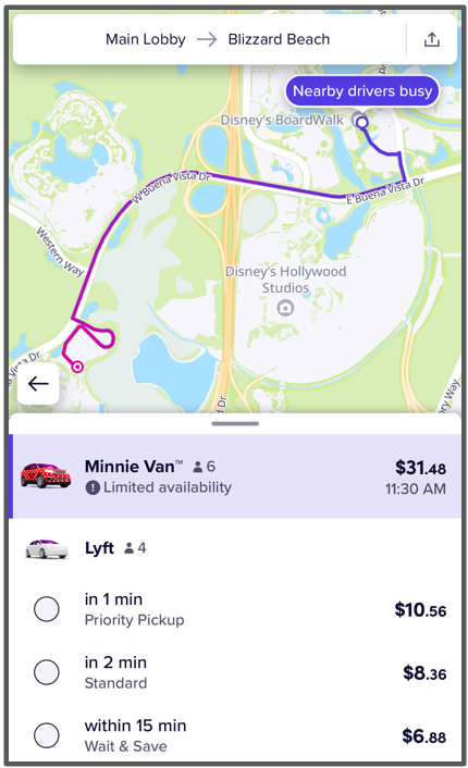 taking a lyft from boardwalk to blizzard beach