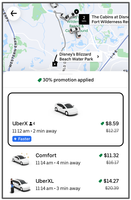 take an uber from fort wilderness to blizzard beach