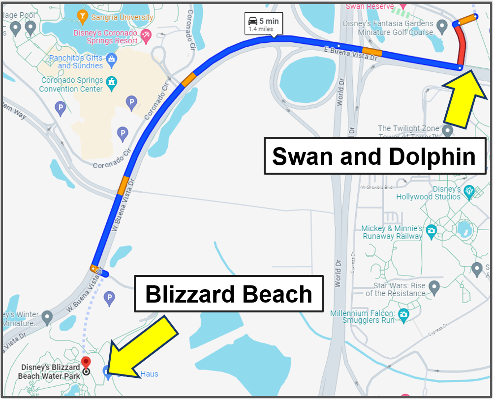 driving from swan and dolphin to blizzard beach