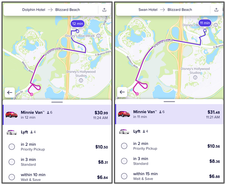 swan and dolphin to blizzard beach by lyft