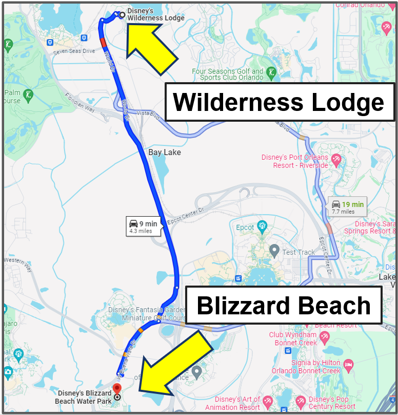 wilderness lodge to blizzard beach - driving yourself