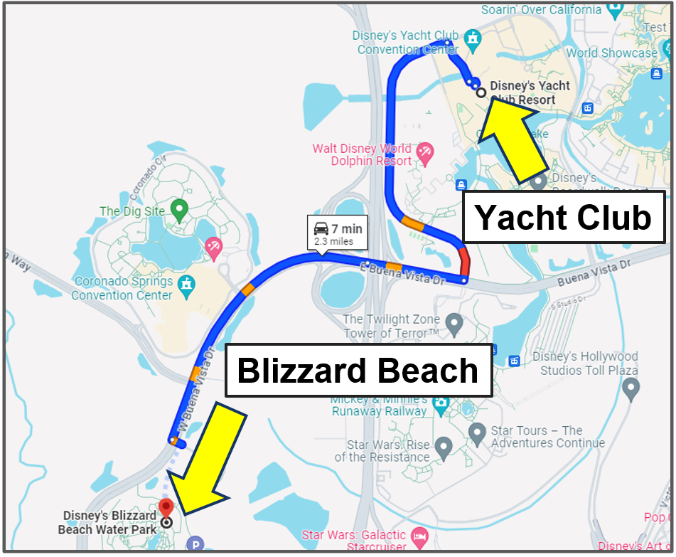 driving from yacht club to blizzard beach