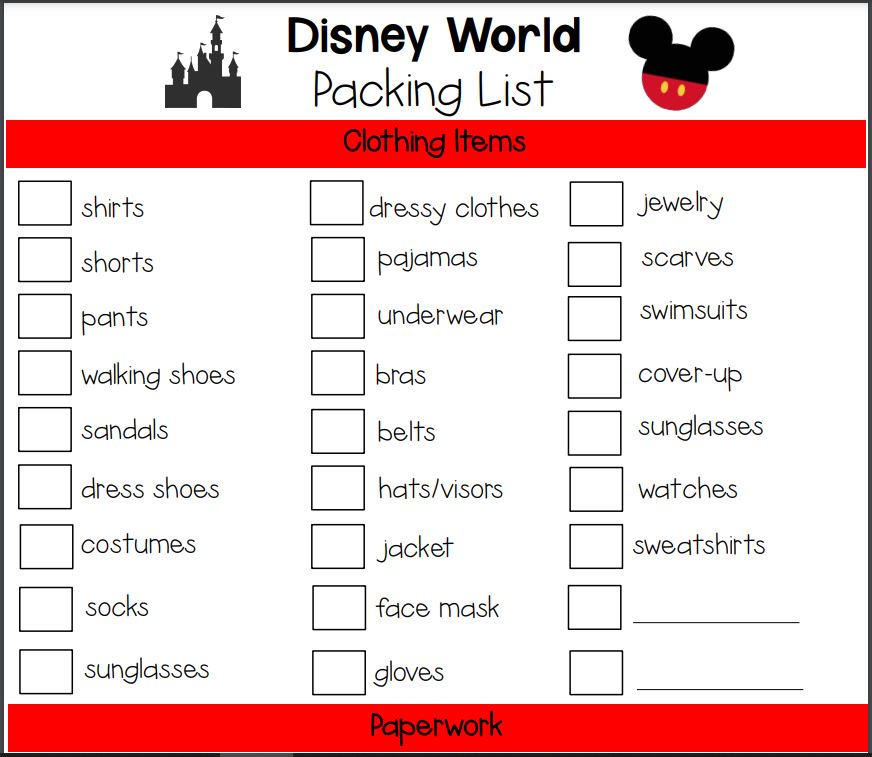 Image preview of the downloadable disney world packing list